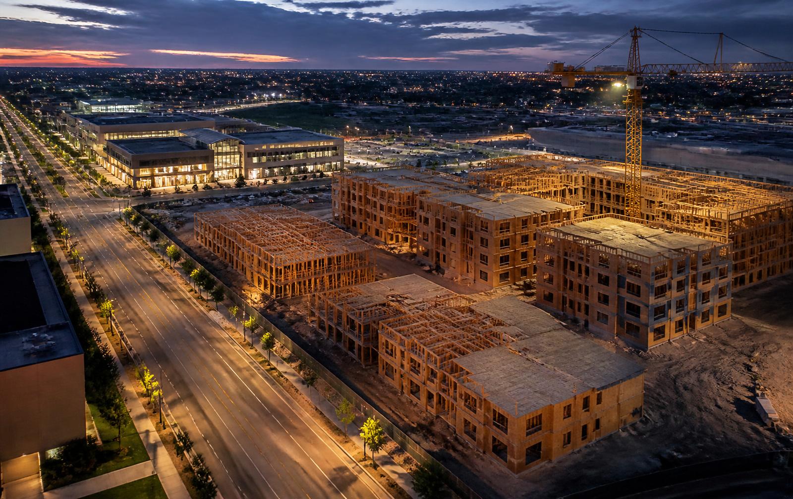 Aerial view of a multi-family residential development under construction
