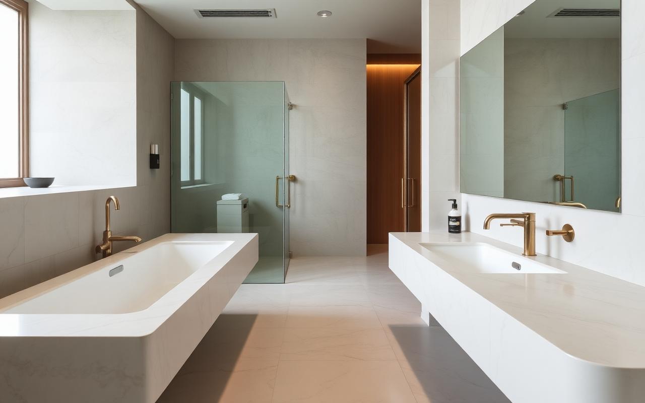 Modern hotel bathroom with floating vanity and glass shower enclosure