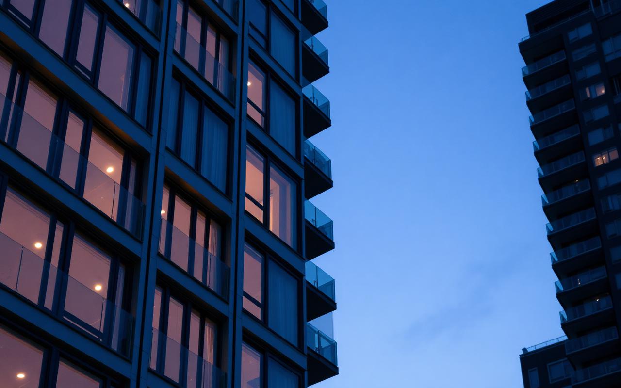 Residential tower facade with aluminium window and balcony door systems